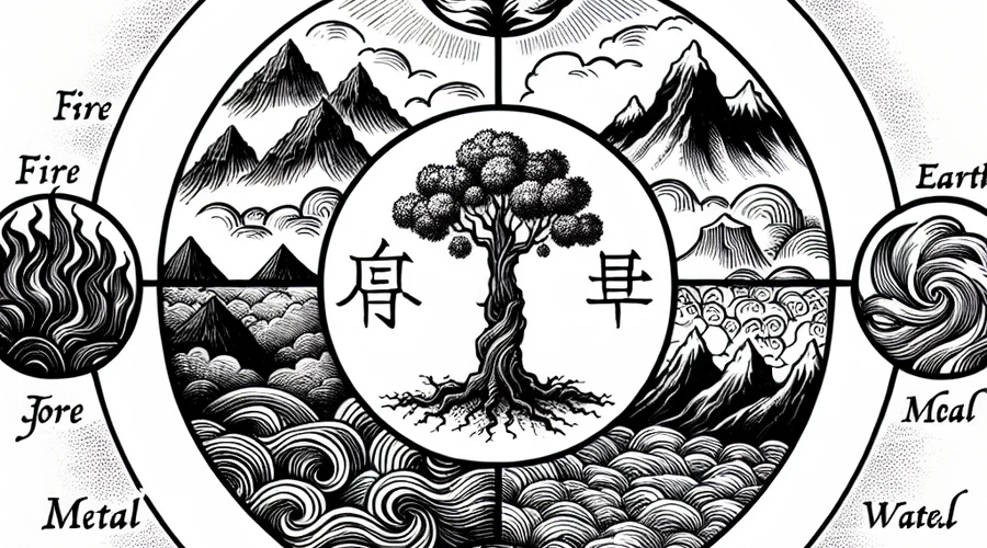 An illustrated diagram of five elements representing the balance in Jeonghan saju.